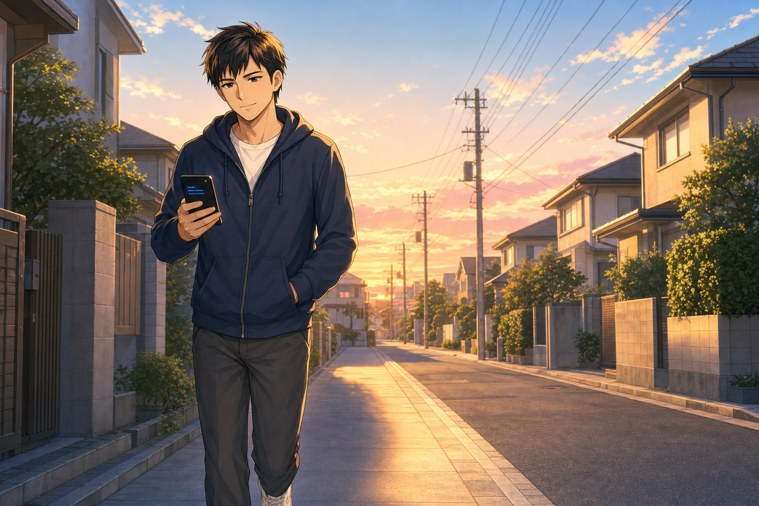 出勤前の早朝、住宅街の歩道を歩き出す瞬間。手にスマホを持ち、AIと共にブログ運営を始める雰囲気を表現したアイキャッチ